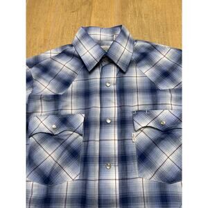 Vintage Levi’s Western Plaid Pearl Snap Shirt Blue Mens Small Made in Korea